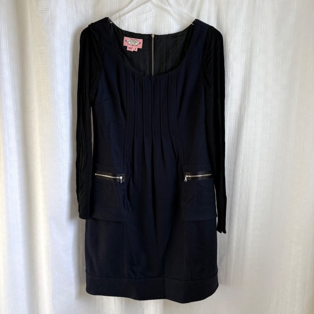 Phoebe Couture Blue Black Pintuck Long Sleeve Wool Sheath Dress Womens Size‎ 6